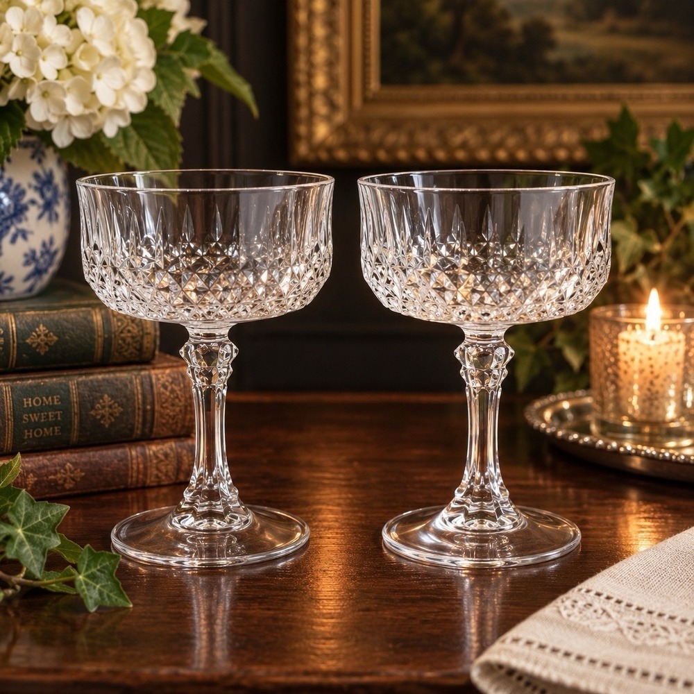 Vintage Pair Of Cristal d'Arques Diamant Crystal Sherbet Champagne Coupe Glasses